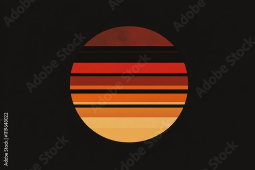 色とりどりのストライプが特徴的な夕日を描いたアート作品に関する説明