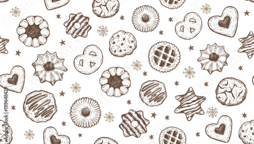 Cookie pattern on white, hand drawn illustration.