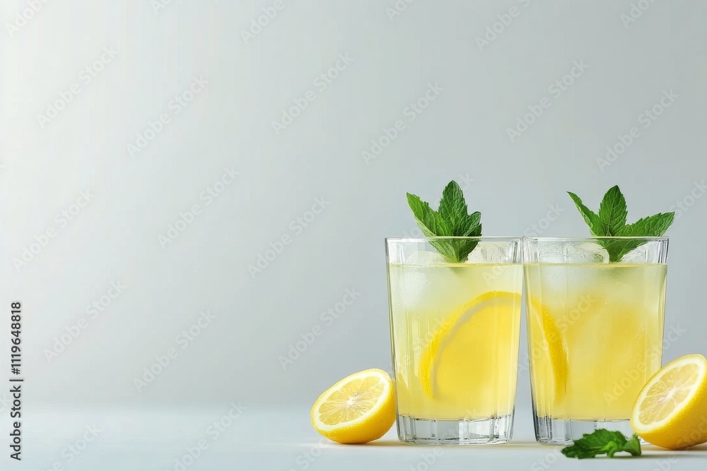 Refreshing summer lemonade with mint and lemon slices in clear glasses on a light background Refreshing summer lemonade with mint and lemon slices in clear glasses on a light background