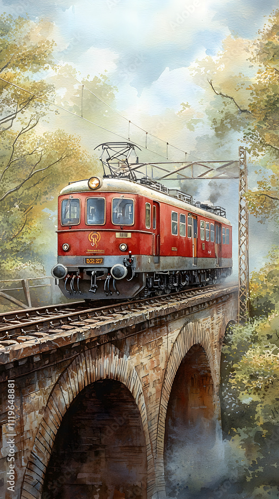 Fototapeta premium Electric train crossing a historic bridge in autumn scenic artwork nature vibrant landscape view travel concept