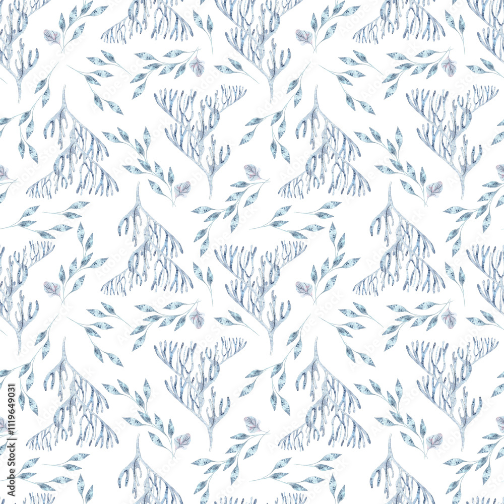 Watercolor Mediterranean monochrome blue seamless pattern isolated. Ocean plants and corals pale blue pattern design. Reefs and laminaria hand drawn texture. Underwater sea plants repeated ornament. Watercolor Mediterranean monochrome blue seamless pattern isolated. Ocean plants and corals pale blue pattern design. Reefs and laminaria hand drawn texture. Underwater sea plants repeated ornament.