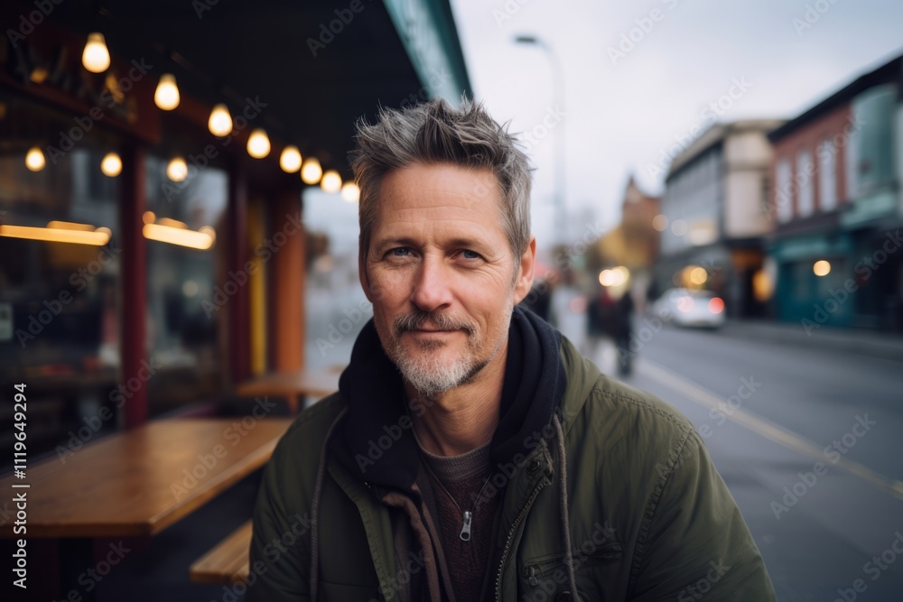 Handsome middle-aged man with gray hair and beard, wearing a green jacket, standing in a street cafe, looking at the camera. Handsome middle-aged man with gray hair and beard, wearing a green jacket, standing in a street cafe, looking at the camera.
