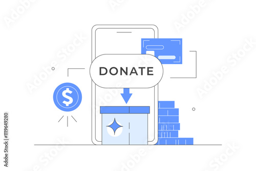 Donating money. Putting coins in donation box and paying with credit card online. Financial support and fundraising concept. Online donation smartphone. Flat Cartoon Vector Illustration, icon. Stylish