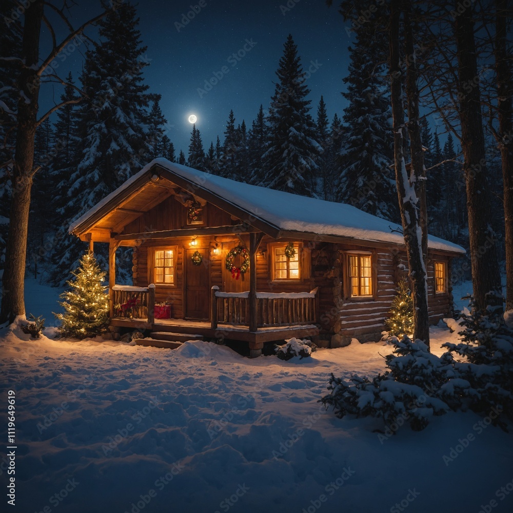 A cozy cabin with warm light spilling from the windows, surrounded by moonlit snow and Christmas decorations outside. A cozy cabin with warm light spilling from the windows, surrounded by moonlit snow and Christmas decorations outside.