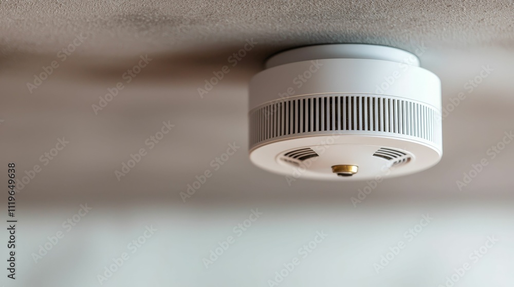 A modern smoke detector mounted on a ceiling, featuring a sleek design and multiple sensors for safety. A modern smoke detector mounted on a ceiling, featuring a sleek design and multiple sensors for safety.