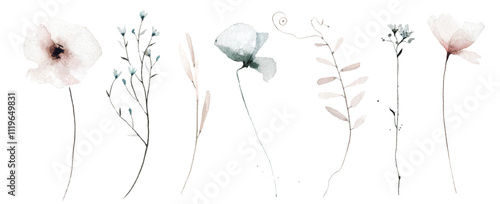 Watercolor floral set of blue, gray, pink poppy, rose, peony, wild flowers. Traced vector watercolour clipart drawing.
