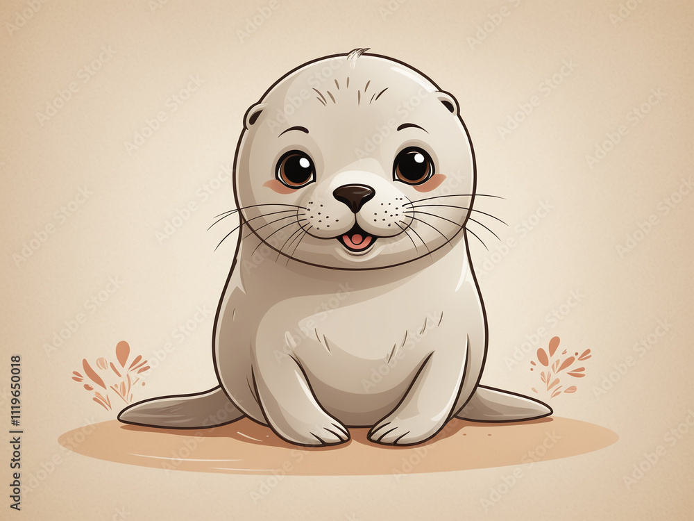 Cute cartoon seal illustration in a whimsical storybook style on a light beige background Cute cartoon seal illustration in a whimsical storybook style on a light beige background