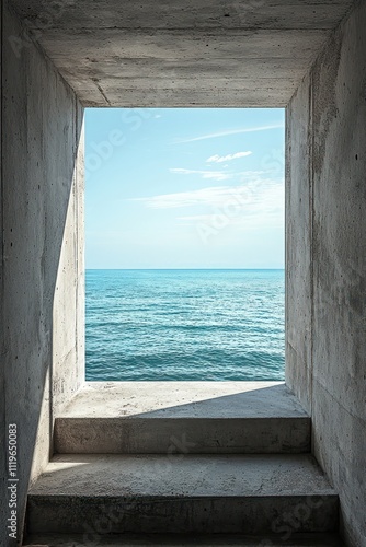 A concrete room offering a view of the sea.