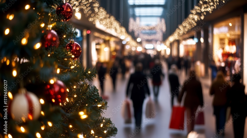 Obraz premium Shoppers carry bags filled with gifts in a lively mall adorned with holiday lights and a large Christmas tree