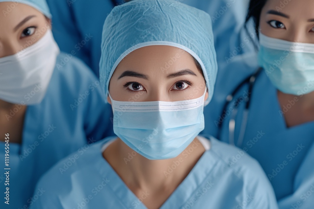 Healthcare professionals in blue scrubs and masks ready for service in a clinical setting Healthcare professionals in blue scrubs and masks ready for service in a clinical setting