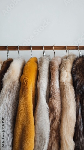 Colorful collection of fur coats hanging in a stylish display at a boutique fashion store photo