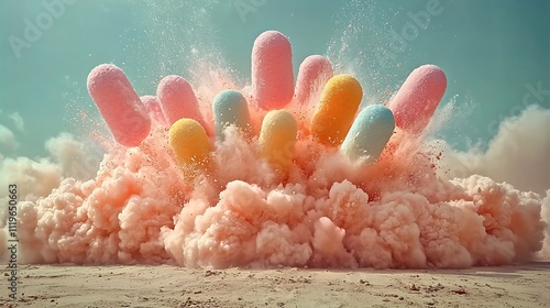 Exploding Candy Bomb Erupting in a Child s Dreamscape of Rainbow Sweets photo