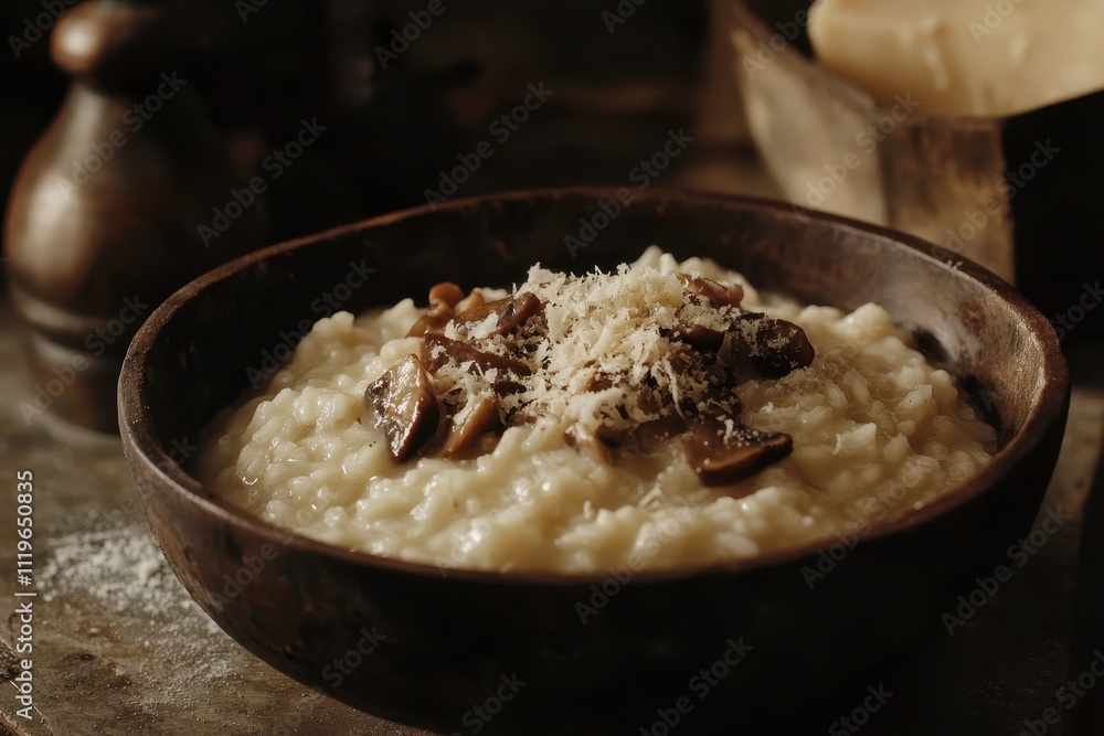 A bowl of creamy risotto topped with mushrooms and grated cheese, set in a rustic environment. A bowl of creamy risotto topped with mushrooms and grated cheese, set in a rustic environment.
