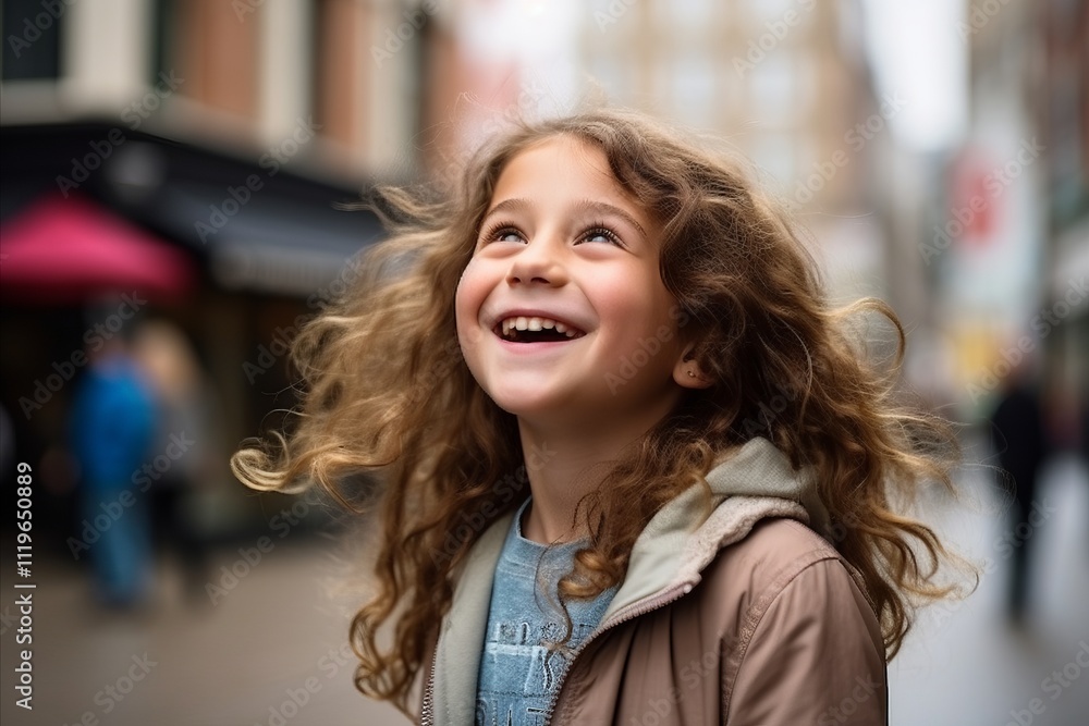 Portrait of a cute little girl with long curly hair in the city Portrait of a cute little girl with long curly hair in the city