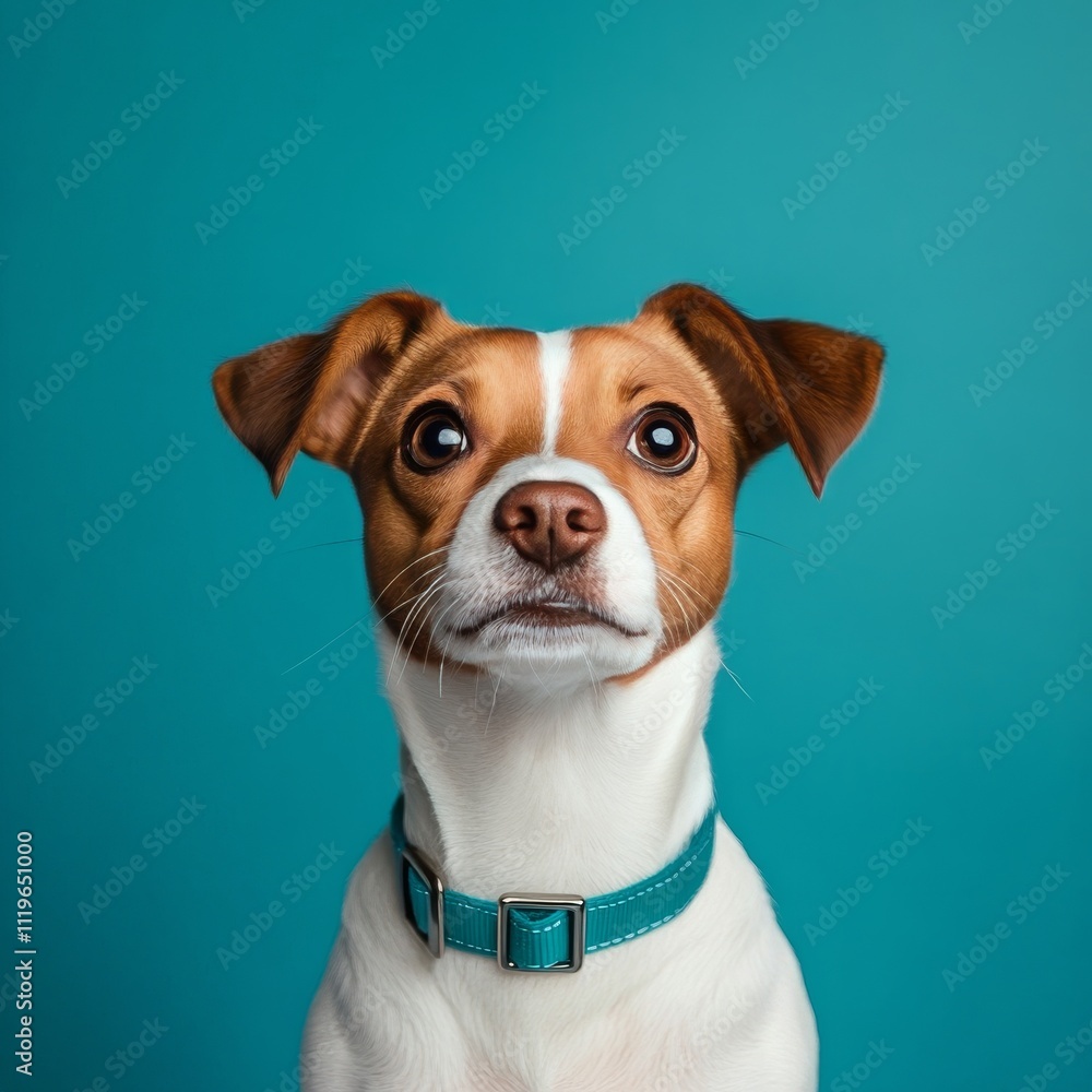 Cute small dog with brown and white fur looking curiously against a teal background Cute small dog with brown and white fur looking curiously against a teal background