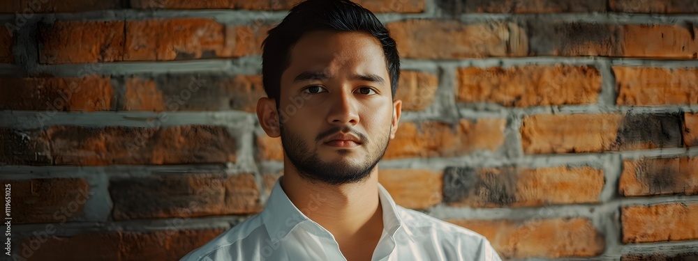 A cinematic photograph of an Indonesian man with short hair and a beard,