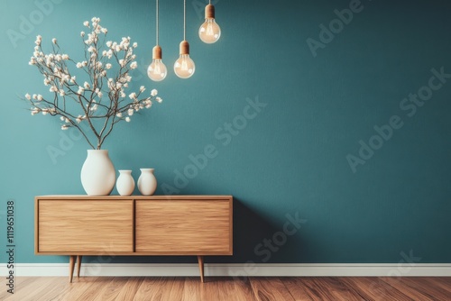 Wallpaper Mural Modern minimalist interior teal wall wooden sideboard mid century modern furniture Torontodigital.ca