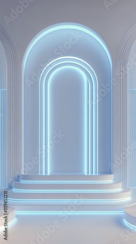 Creative modern stage design featuring glowing archways and soft lighting in a minimalist setting