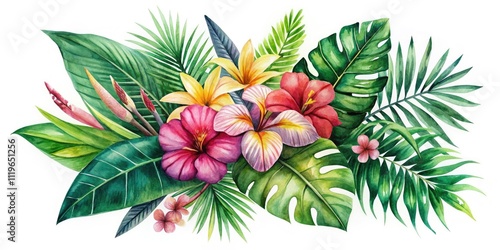 Tropical Watercolor Leaves: Hand-Drawn Exotic Floral Elements for Wedding Invitations & Banners