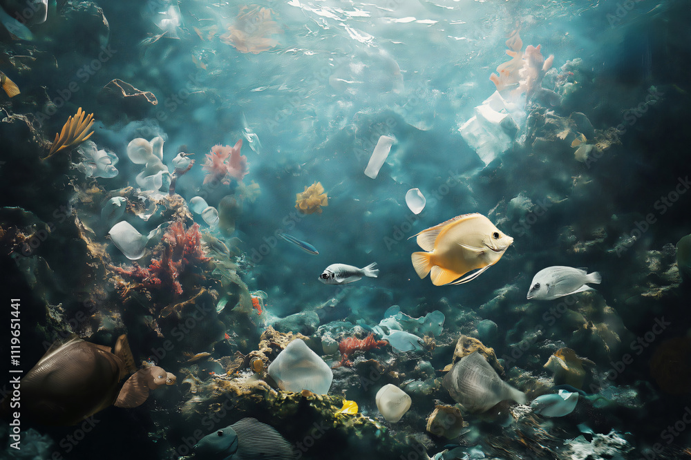 Obraz premium Tropical fish swim gracefully in polluted coral reefs, navigating through plastic waste in their damaged habitat, urging urgent ocean conservation