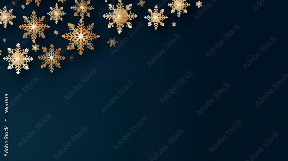 An elegant arrangement of golden snowflakes scattered against a deep navy blue background. This design evokes a festive and wintry atmosphere, perfect for holiday-themed graphics or decorations. An elegant arrangement of golden snowflakes scattered against a deep navy blue background. This design evokes a festive and wintry atmosphere, perfect for holiday-themed graphics or decorations.
