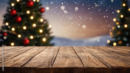 Christmas background: empty wooden table on the foreground and an out of focus Christmas trre on the background photo