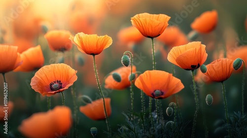 A field of vibrant orange poppies in full bloom
