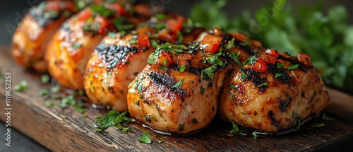 Glazed BBQ chicken wings on rustic wood, scattered herbs, high contrast, closeup, dramatic lighting photo