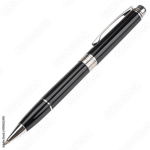 A vibrant black ballpoint pen with a silver tip and a pocket clip, displayed on a transparent background