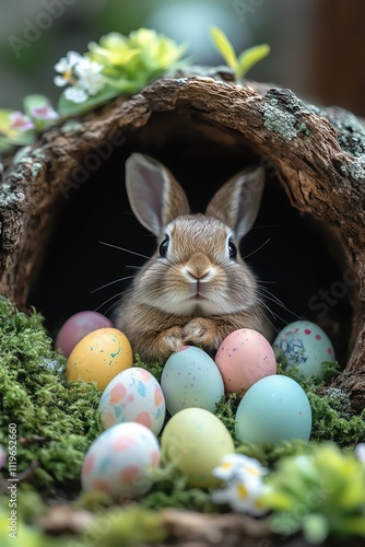 Rabbit nestled in a mosslined hollow log, surrounded by colorful eggs and spring flowers Closeup shot creating a playful, festive Easter scene photo