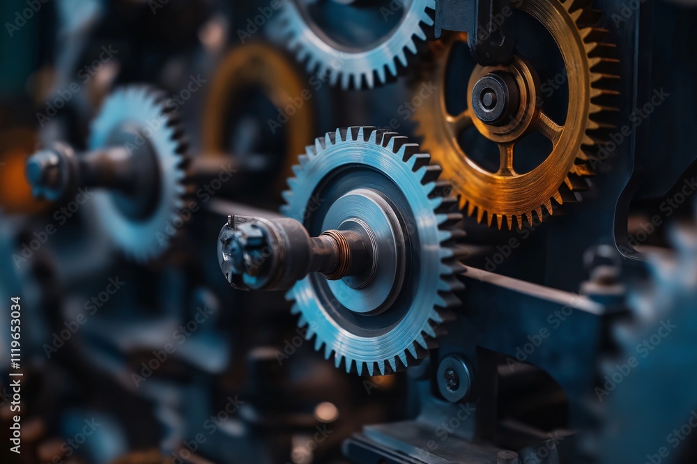 Interlocking metal gears are spinning smoothly together as part of a complex mechanism Interlocking metal gears are spinning smoothly together as part of a complex mechanism