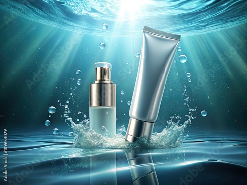 Underwater Cosmetics Mockup: Aqua Beauty Product Packaging Design photo