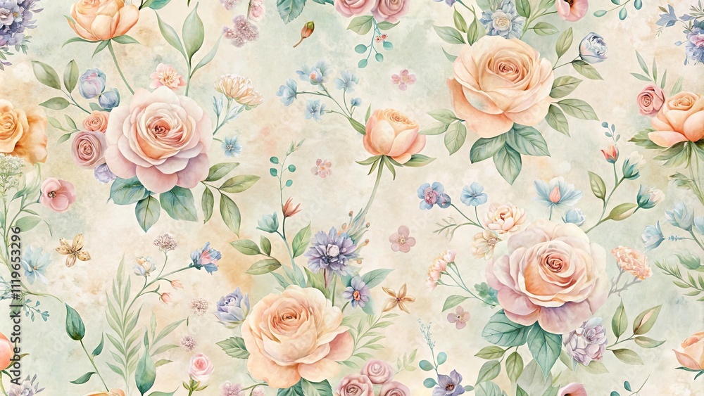 Fototapeta Elegant Watercolor Floral Pattern Featuring Roses and Delicate Blooms on a Soft Background