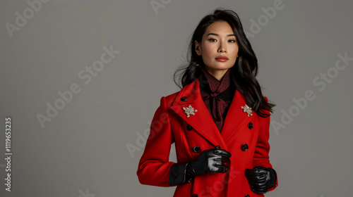 Asian woman in a red jacket decorated with a brooch and gloves, standing with hands in pockets, isolated on gray. photo