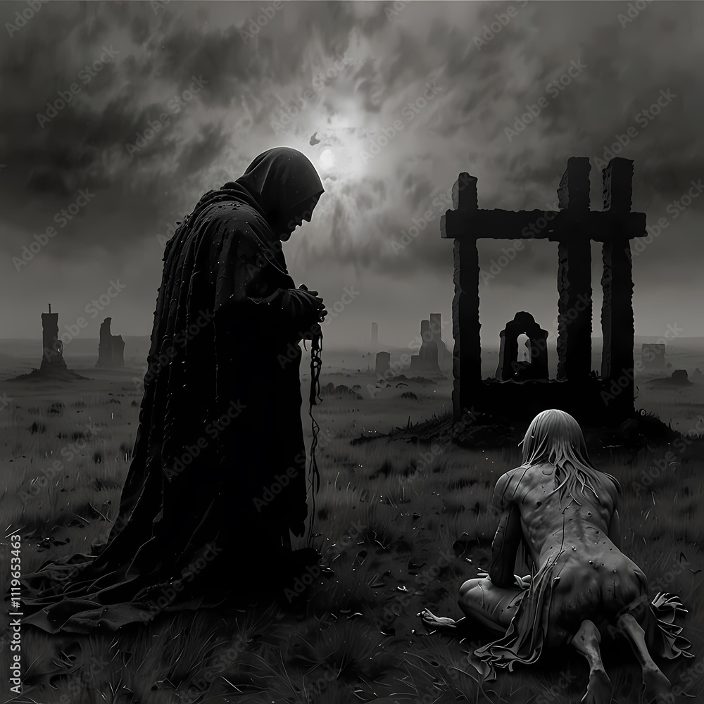 Mysterious figure in a dark landscape with a kneeling figure in a desolate, eerie setting at dusk