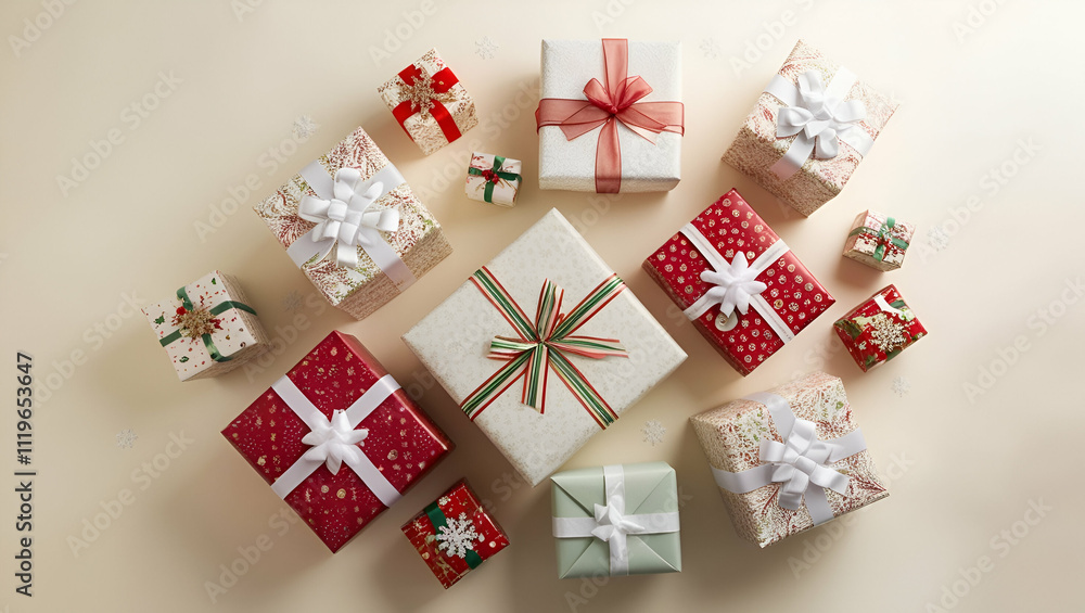 A playful assortment of Christmas gift boxes in colorful wrapping paper with cheerful patterns A playful assortment of Christmas gift boxes in colorful wrapping paper with cheerful patterns