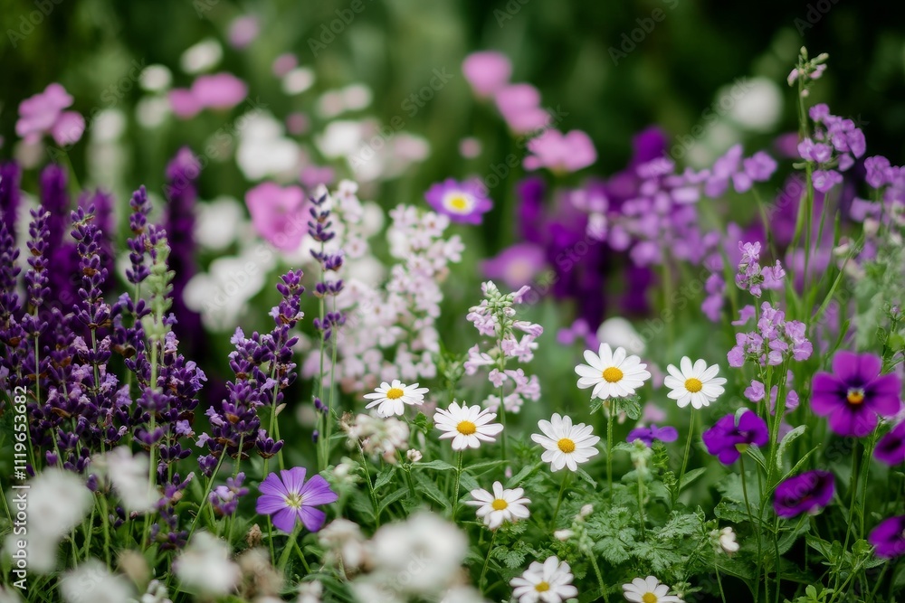 Fototapeta premium Colorful flower garden with various blooms in soft natural light