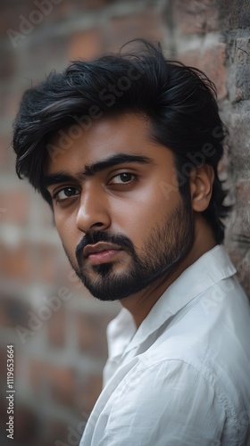 A cinematic photograph of an Indonesian man with short hair and a beard,