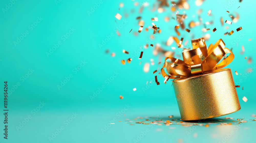 Fototapeta premium confetti and a gold gift box on teal background 