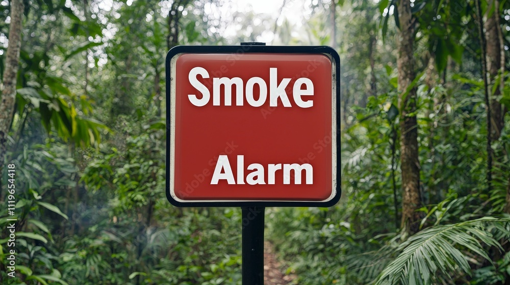 fire alarm concept. Sign indicating a smoke alarm in a lush forest environment. fire alarm concept. Sign indicating a smoke alarm in a lush forest environment.