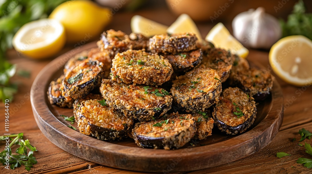 A rustic serving of French fried eggplant on a wooden platter, surrounded by lemon wedges, garlic, and herbs for garnish A rustic serving of French fried eggplant on a wooden platter, surrounded by lemon wedges, garlic, and herbs for garnish