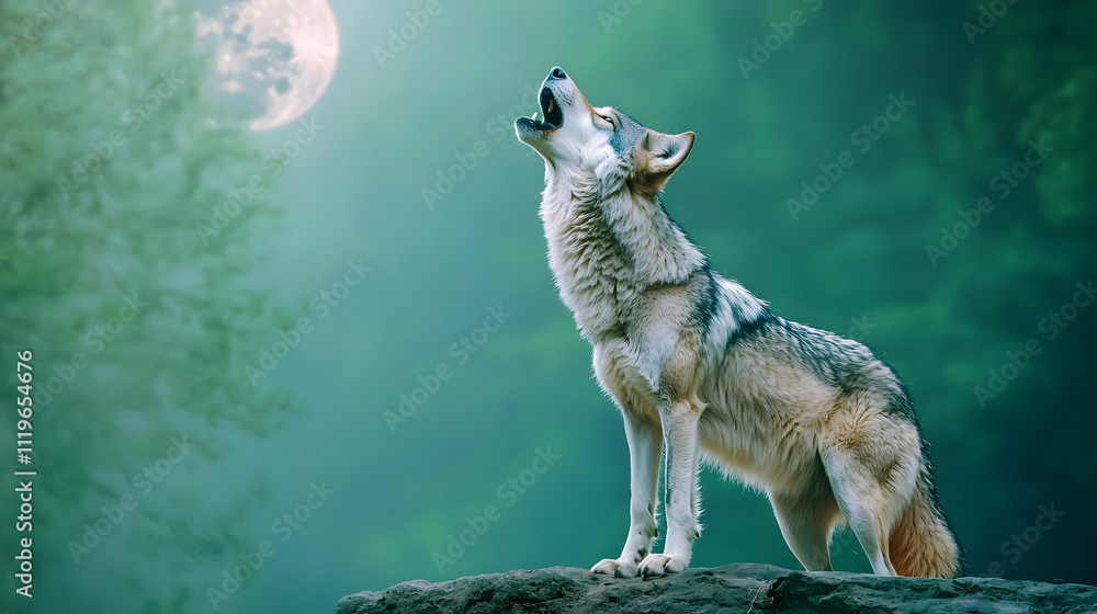 Wolf howling at full moon forest landscape nature photography mystical atmosphere close-up view wildlife concept Wolf howling at full moon forest landscape nature photography mystical atmosphere close-up view wildlife concept