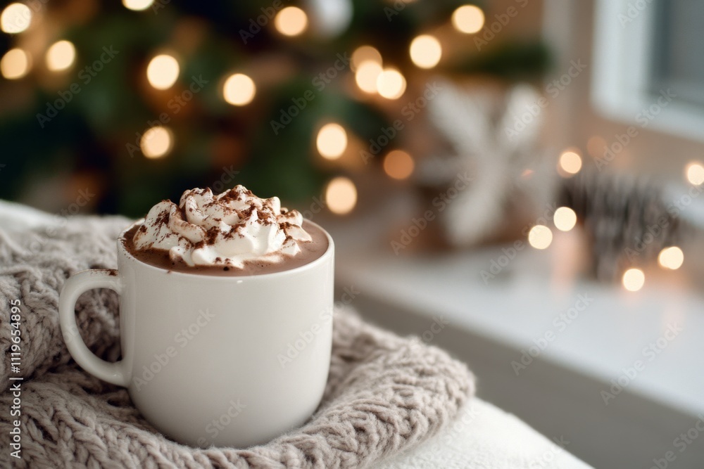 A cozy mug of hot chocolate topped with whipped cream and chocolate shavings, nestled on a knitted blanket with twinkling lights in the background. A cozy mug of hot chocolate topped with whipped cream and chocolate shavings, nestled on a knitted blanket with twinkling lights in the background.