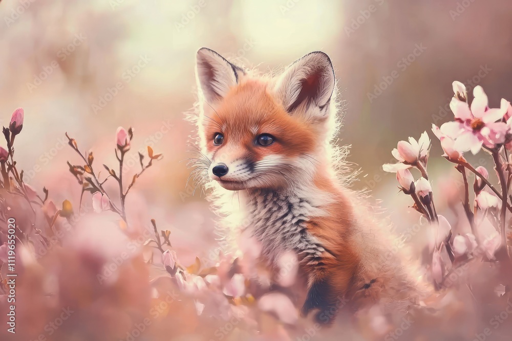 Obraz premium A cute baby fox accompanied by spring flowers.