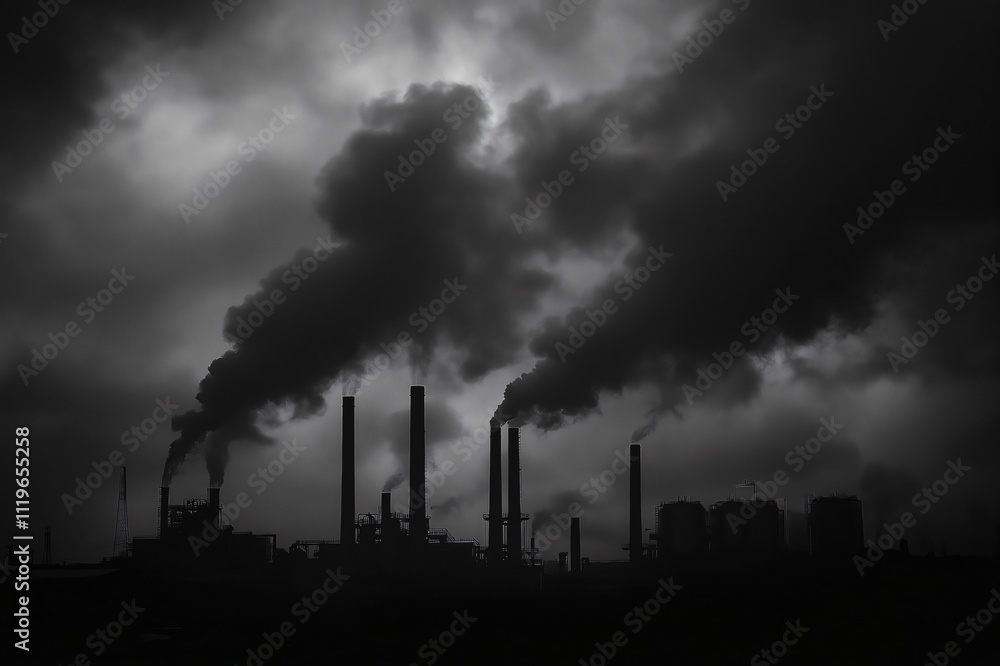 Smoke billowing from industrial chimneys, creating a thick layer of pollution and highlighting the environmental impact of heavy industry Smoke billowing from industrial chimneys, creating a thick layer of pollution and highlighting the environmental impact of heavy industry