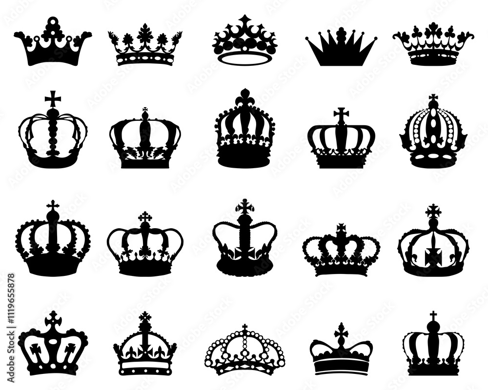 Black silhouettes of different crowns on a white background Black silhouettes of different crowns on a white background