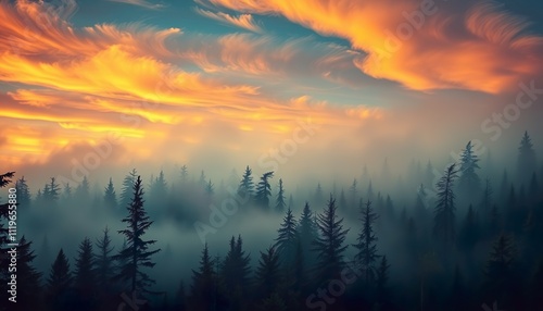 Misty landscape featuring a fir forest in a vintage retro aesthetic