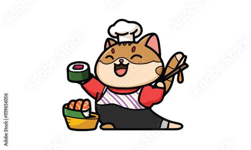 Cute Chef Cats Holding Sushi and Chopsticks in Traditional Japanese Outfits
