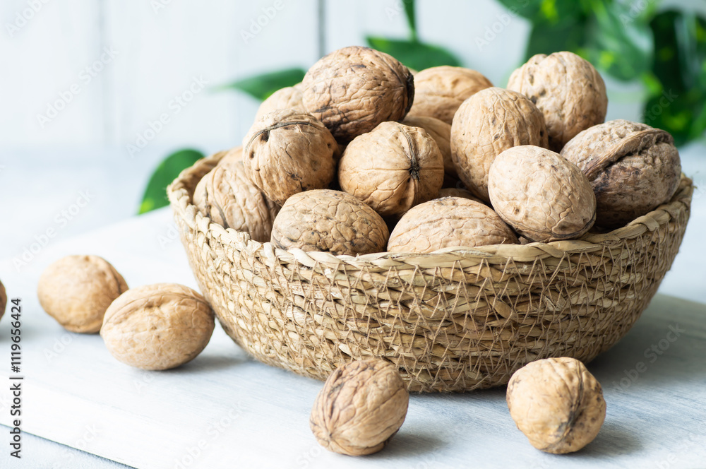 Ripe and raw whole big walnut kernel with Shell in wicker basket on rustic backdrop. healthy nut food for brain Ripe and raw whole big walnut kernel with Shell in wicker basket on rustic backdrop. healthy nut food for brain