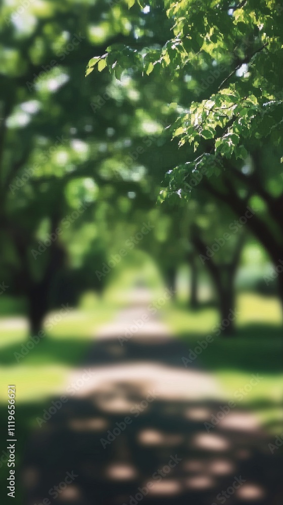 Fototapeta premium Lush green pathway through a serene park on a bright sunny day